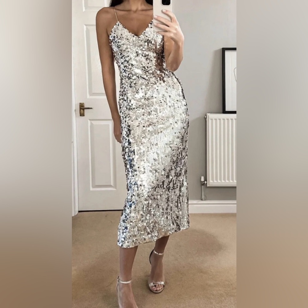 Zara Silver Sequin Midi Slip Dress